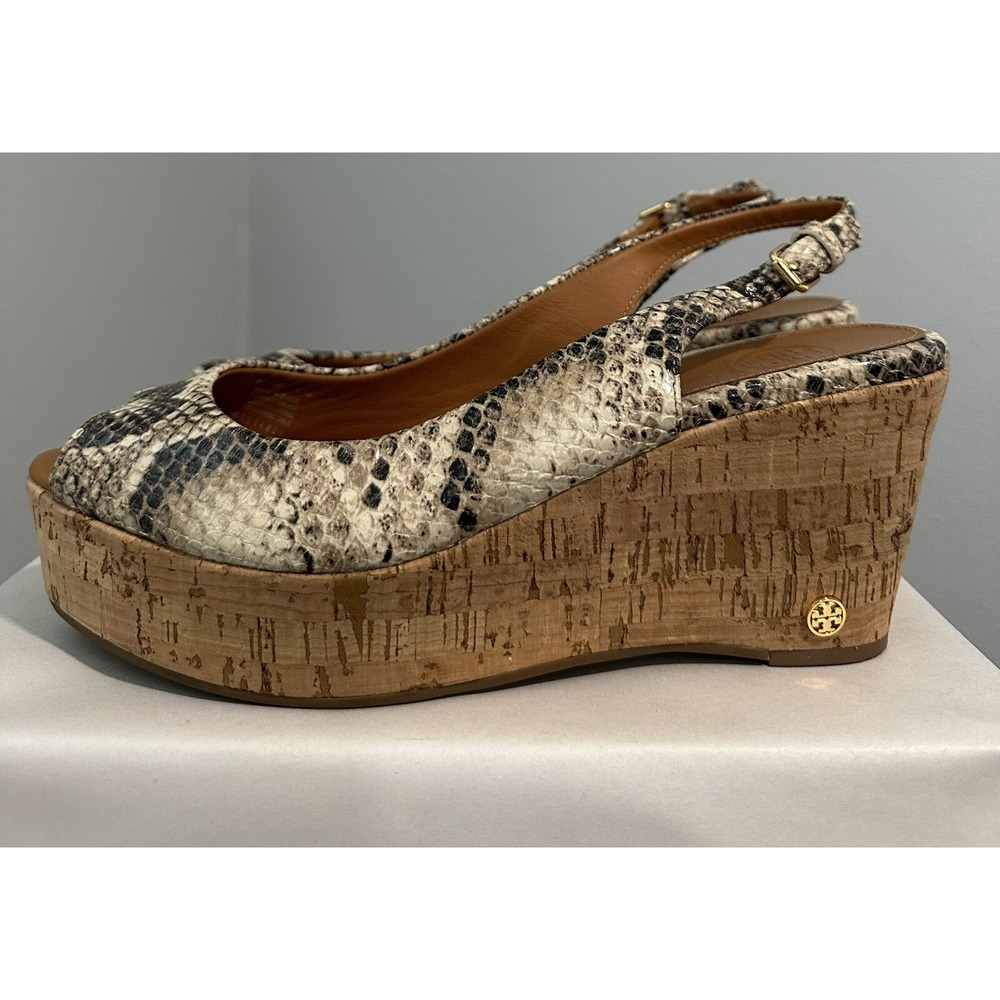 Tory Burch Rosalind Snakeskin Embossed Leather Cork Platform Wedge Sandals 7.5 M